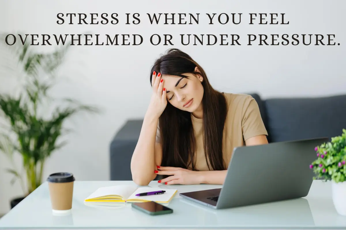 Stress is when you feel overwhelmed or under pressure. It can affect your well-being and mood. Take care! 😊